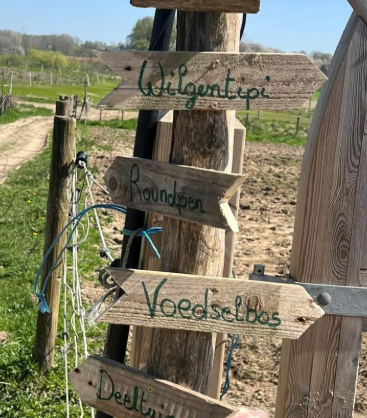 Houten wegwijzers op de boerderij met Wilgentipi, Roundpen, Voedselbos en Deeltuin